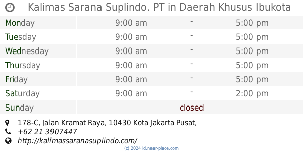 Kalimas Sarana Suplindo Pt Daerah Khusus Ibukota Jakarta Opening Times 178 C Jalan Kramat Raya Tel 62 21 3907447